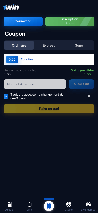1win Application mobile Capture decran 2