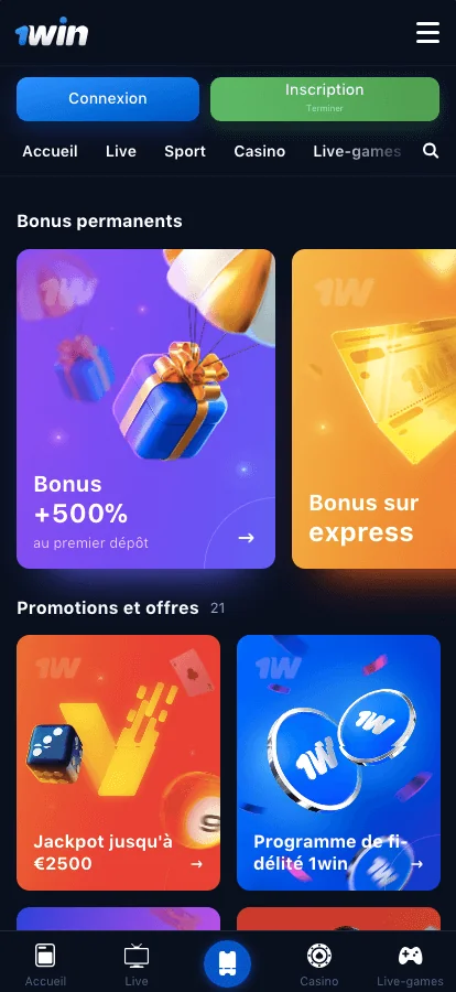 1win Application mobile Capture decran 3