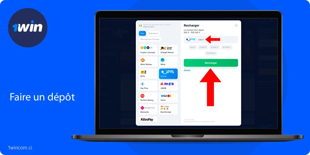 Déposez un montant acceptable sur votre compte 1win en sélectionnant une méthode de paiement appropriée