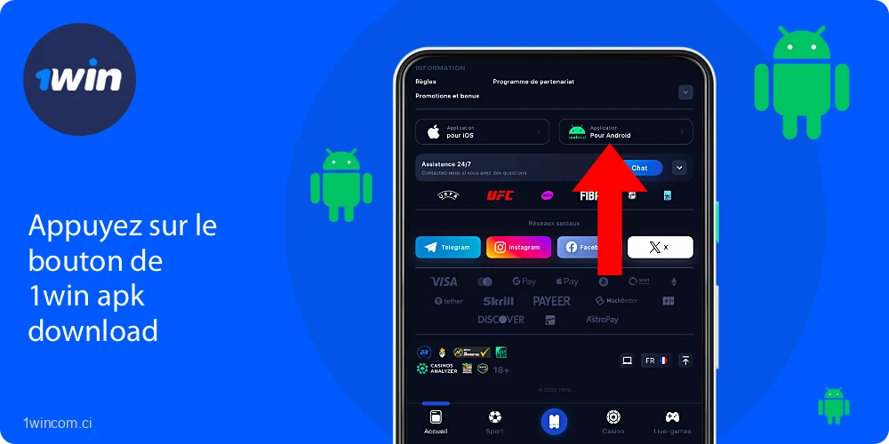 Faites défiler la page mobile du site Web de 1win et trouvez l'icône Android, puis cliquez dessus pour commencer à télécharger l'APK