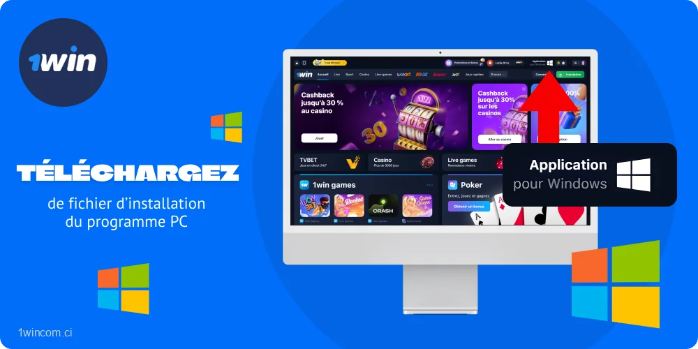Pour télécharger l'application 1win pour Windows, vous devez cliquer sur l'icône du système d'exploitation en haut de la page