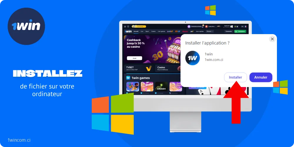 Pour utiliser l'application 1win pour Windows, vous devez confirmer le téléchargement de l'application et l'ouvrir une fois l'installation terminée