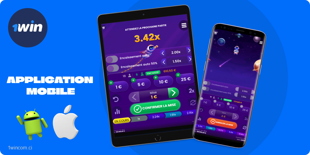 L'application mobile 1win pour Android et iOS vous permet de jouer à Spaceman en déplacement, en utilisant toutes les fonctionnalités du site sur votre appareil