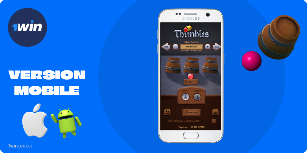 Téléchargez l'application 1win Thimbles pour Android et iOS sur votre smartphone ou votre tablette pour jouer de manière illimitée